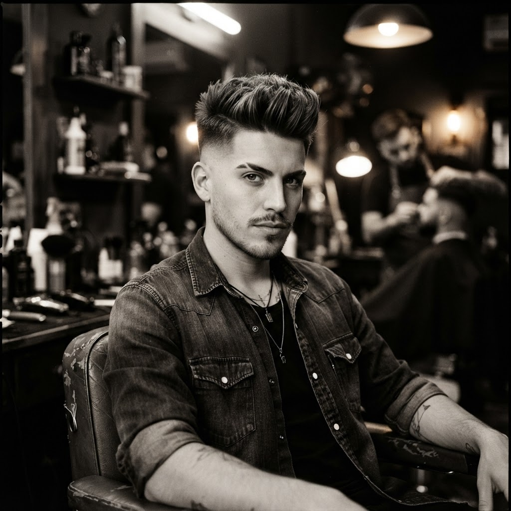 Fade moderno con quiff texturizado