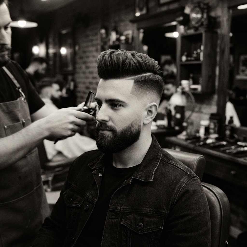 Pompadour moderno con fade alto
